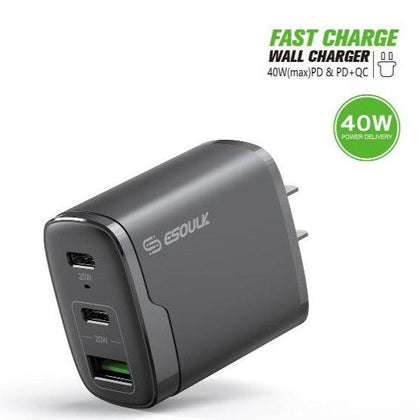 Esoulk 40Watt Fast Wall Charger with one USB and Dual Type C Ports - Best Cell Phone Parts Distributor in Canada, Parts Source