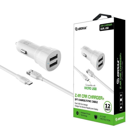 Esoulk Car Charger 2.4A Dual USB With 5FT White Cable Micro USB EC43P-MU-WH - Best Cell Phone Parts Distributor in Canada