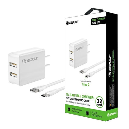 Esoulk Dual USB Wall Charger 12W, 2.4A with 5Ft USB Type-C Cable White, EC44P-TCP-WH - Best Cell Phone Parts Distributor in Canada